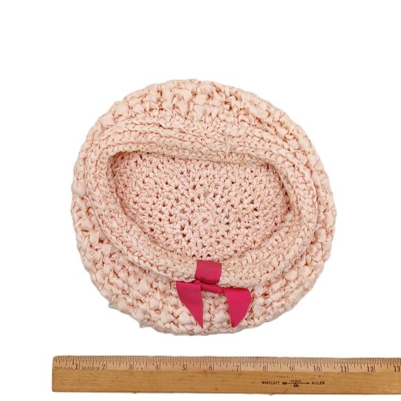 VTG Peach Knit Flapper Bonnet Hat Grosgrain Ribbon 1920s Beach Style Cap - Picture 10 of 11